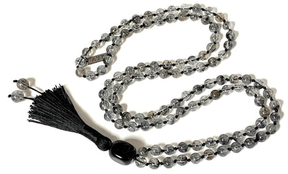 AAA Grade Rutilated Quartz Mala Necklace with Black Tourmaline Guru Bead – Hand-knotted 8mm 108 Beads | Crown & Root Chakras | April Birthstone Energy | Ethically Sourced