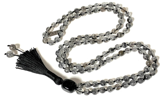 AAA Grade Rutilated Quartz Mala Necklace with Black Tourmaline Guru Bead – Hand-knotted 8mm 108 Beads | Crown & Root Chakras | April Birthstone Energy | Ethically Sourced
