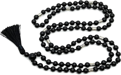 Hand-knotted Black Onyx Mala Necklace (8mm 108 Beads) with Zinc Alloy Spacers - Capricorn and Leo Birthstone Crystals