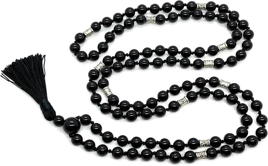 Hand-knotted Black Onyx Mala Necklace (8mm 108 Beads) with Zinc Alloy Spacers - Capricorn and Leo Birthstone Crystals
