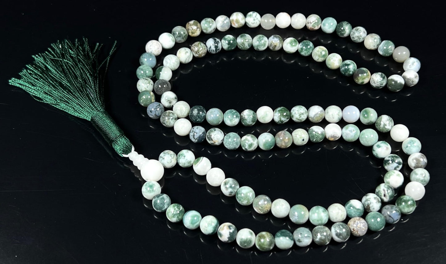 Handmade Green Tree Agate Mala Beads Necklace | 8mm 108 Beads | Hand-Knotted Spiritual Jewelry | Birthstone & Chakra Energy