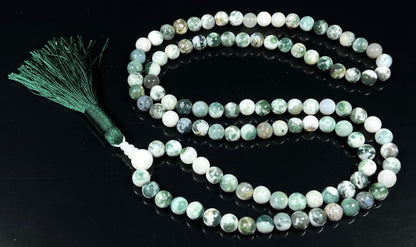 Handmade Green Tree Agate Mala Beads Necklace | 8mm 108 Beads | Hand-Knotted Spiritual Jewelry | Birthstone & Chakra Energy