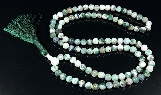 Handmade Green Tree Agate Mala Beads Necklace | 8mm 108 Beads | Hand-Knotted Spiritual Jewelry | Birthstone & Chakra Energy