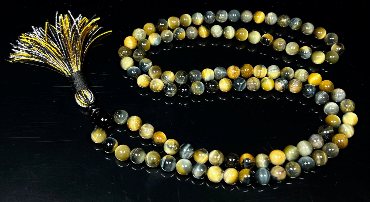 Handmade Tiger's Eye Mala Beads Necklace – 8mm 108 Beads – Multicolor Options – Solar Plexus Chakra & Zodiac Birthstones – Meditation Jewelry