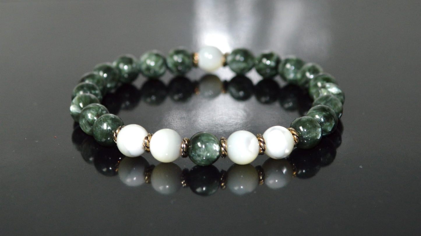 Seraphinite and Mother of Pearl Beads Stretch Bracelet - Universal Birthstone - Heart Chakra Jewelry