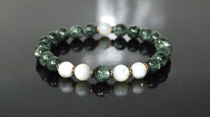 Seraphinite and Mother of Pearl Beads Stretch Bracelet - Universal Birthstone - Heart Chakra Jewelry