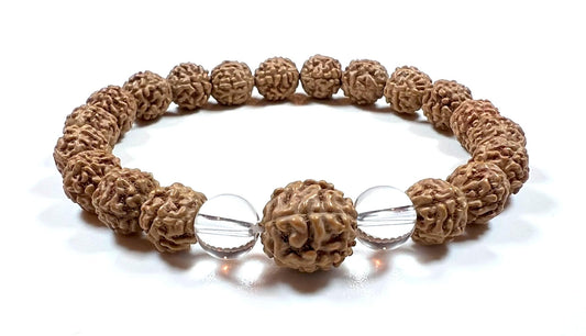 AWAKEN YOUR KUNDALINI Divine Harmony - Stretch Bracelet with Rudraksha & Crystal Quartz - 5 Mukhi, 7 Mukhi Rudraksha, April Birthstone, Taurus Gemstone, Root Chakra