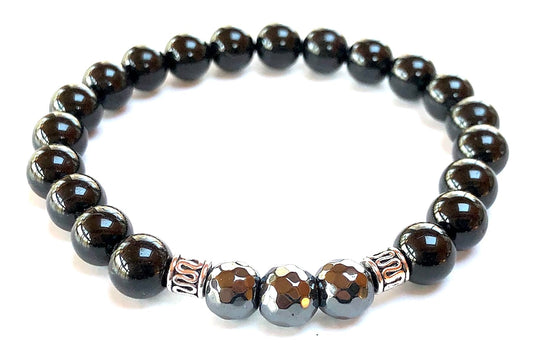 Black Tourmaline & Hematite Beads Stretch Bracelet – Birthstone for October, Sun Sign Scorpio & Libra, Root & Solar Plexus Chakra