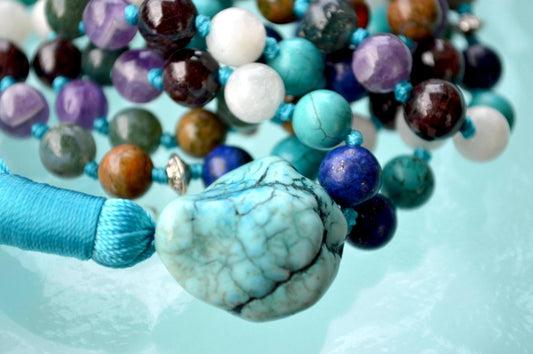 Hand-Knotted Aquarius Zodiac Sign Mala Necklace – January February Birthstone - Third Eye, Throat, Heart and Root Chakras
