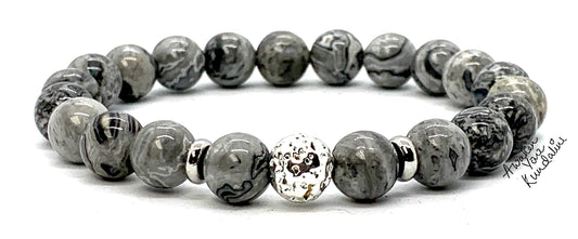 Scenic Jasper and Lava Stretch Bracelet with Choice of Black or Silver Finish Lava Bead – Leo Birthstone and Root Chakra