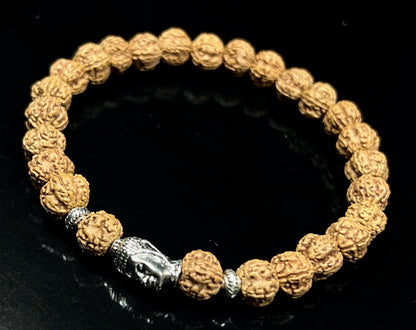 Cultivate Inner Peace: Handmade 5 Mukhi Rudraksha & Buddha Head Bracelet (8mm) - Root Chakra Balance & Universal Birthstone