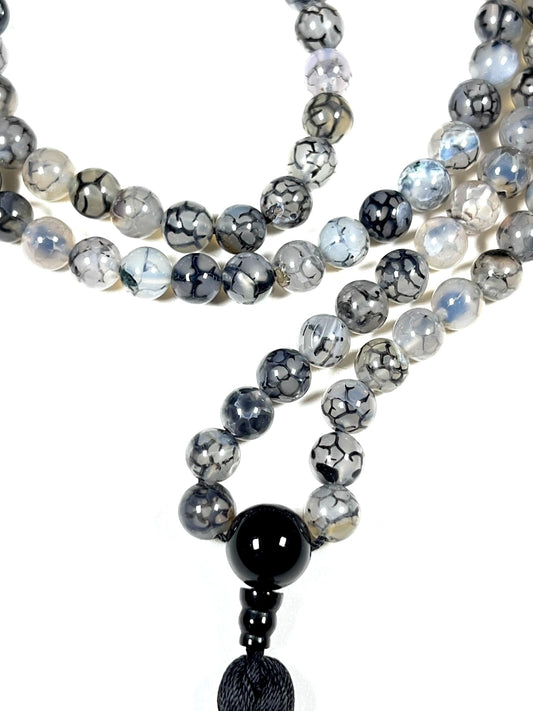 Handmade Black Dragon Vein Agate Mala Beads Necklace | 8mm 108 Beads | Spiritual Jewelry | Birthstone & Chakra Energy