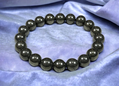 Ignite Your Willpower: Handmade Pyrite Stretch Bracelet (10mm Beads) - Aries Birthstone & Solar Plexus Chakra Power