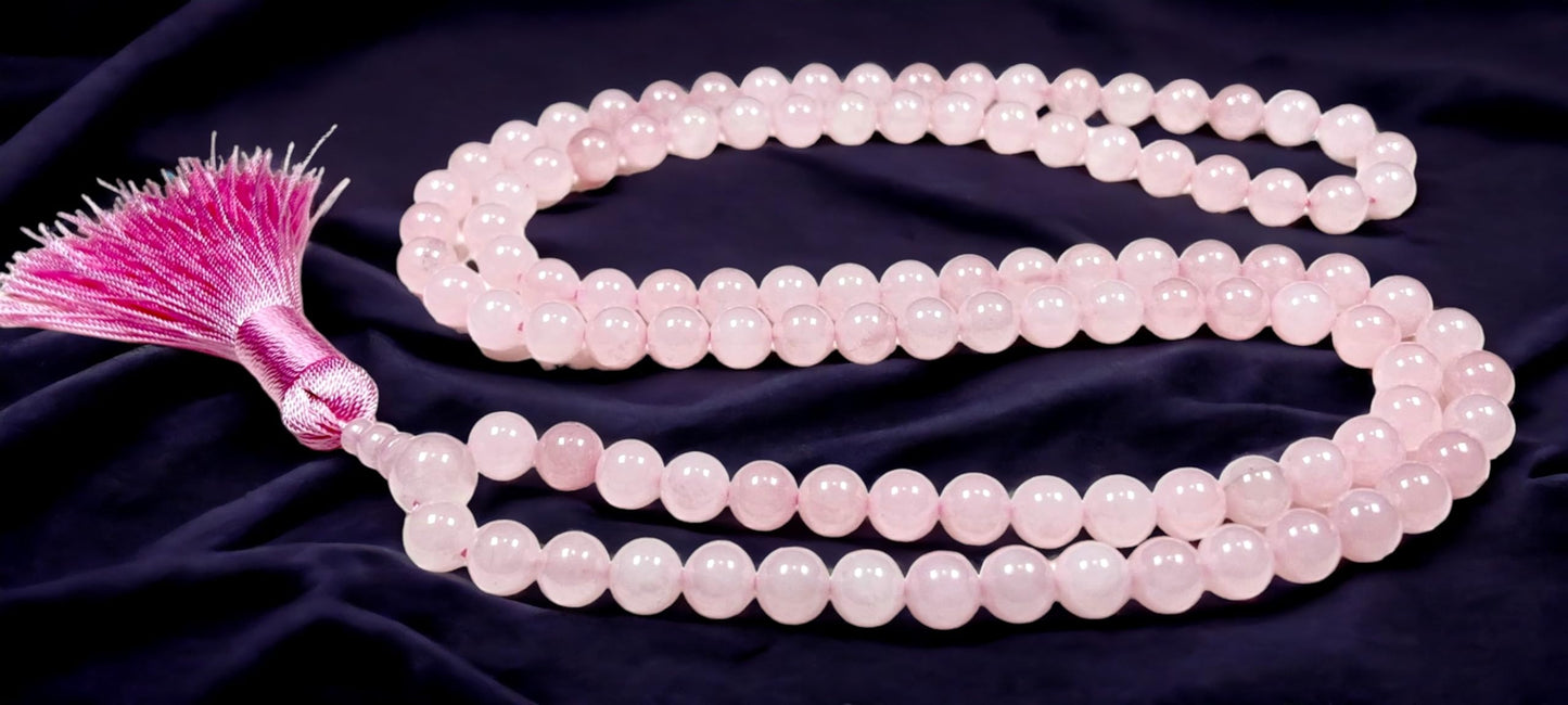 Crystal Mala Beads Necklace Reiki Healing Gem Stones Blessed & Energized Handmade 108 Buddhist Prayer Beads Buddha Beaded Necklaces Yoga Meditation Jewelry - w/ Velvet Pouch ( Rose Quartz, 8 mm )