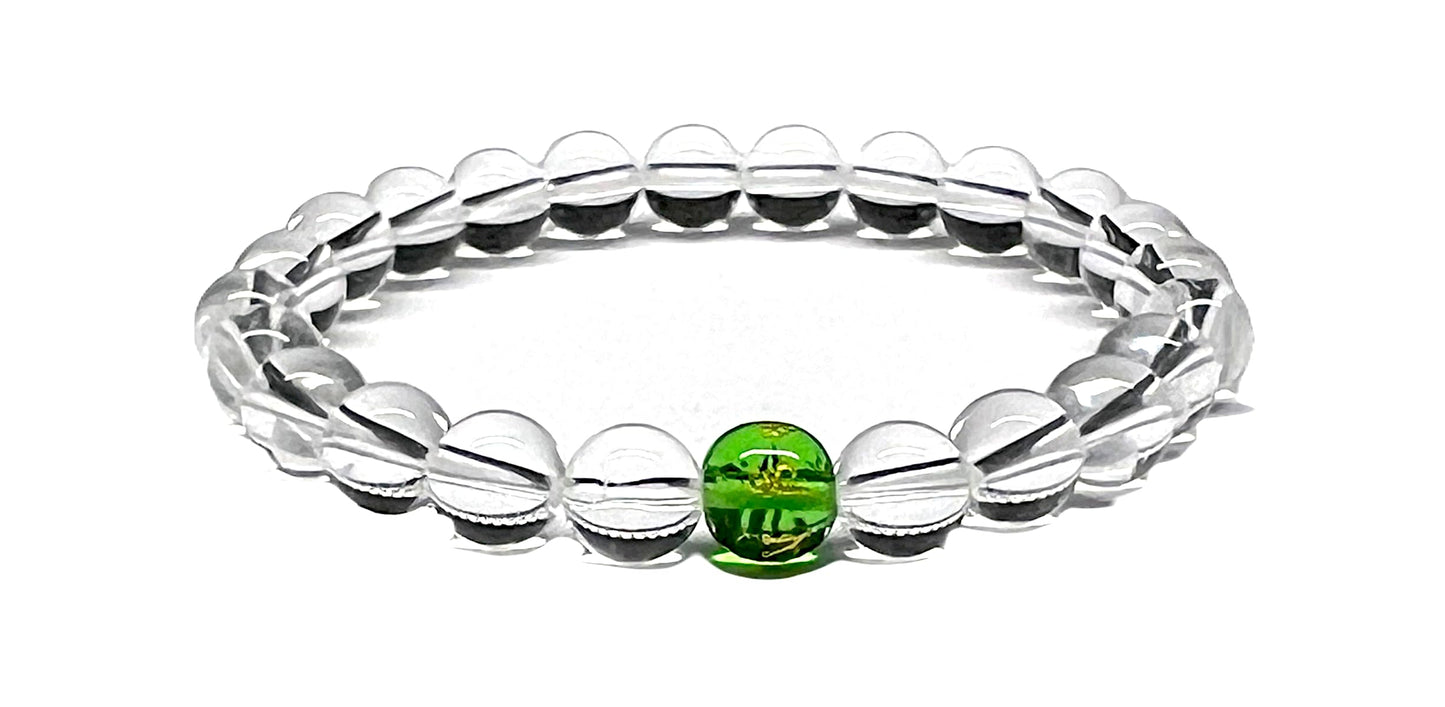 Crystal Quartz and Peridot Stretch Bracelet – Birthstone for August (Leo, Virgo) – Crown and Heart Chakra Alignment