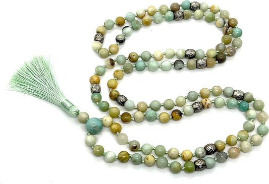 Hand-knotted Amazonite Mala Necklace 8mm 108 Beads - Virgo and Cancer Zodiac Sun Sign Crystal Gemstones