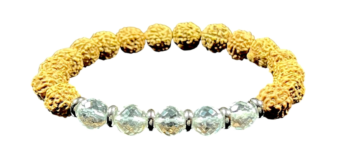 5 Mukhi (five faces) Chikna Rudraksha and Crystal Quartz Stretch Bracelet | Birthstone for April, Taurus Sun Sign | Crown Chakra (Wrist Size 6 Inches)