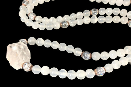 Selenite & Quartz Stretchable Mala Necklace| Crown & Third Eye Chakra