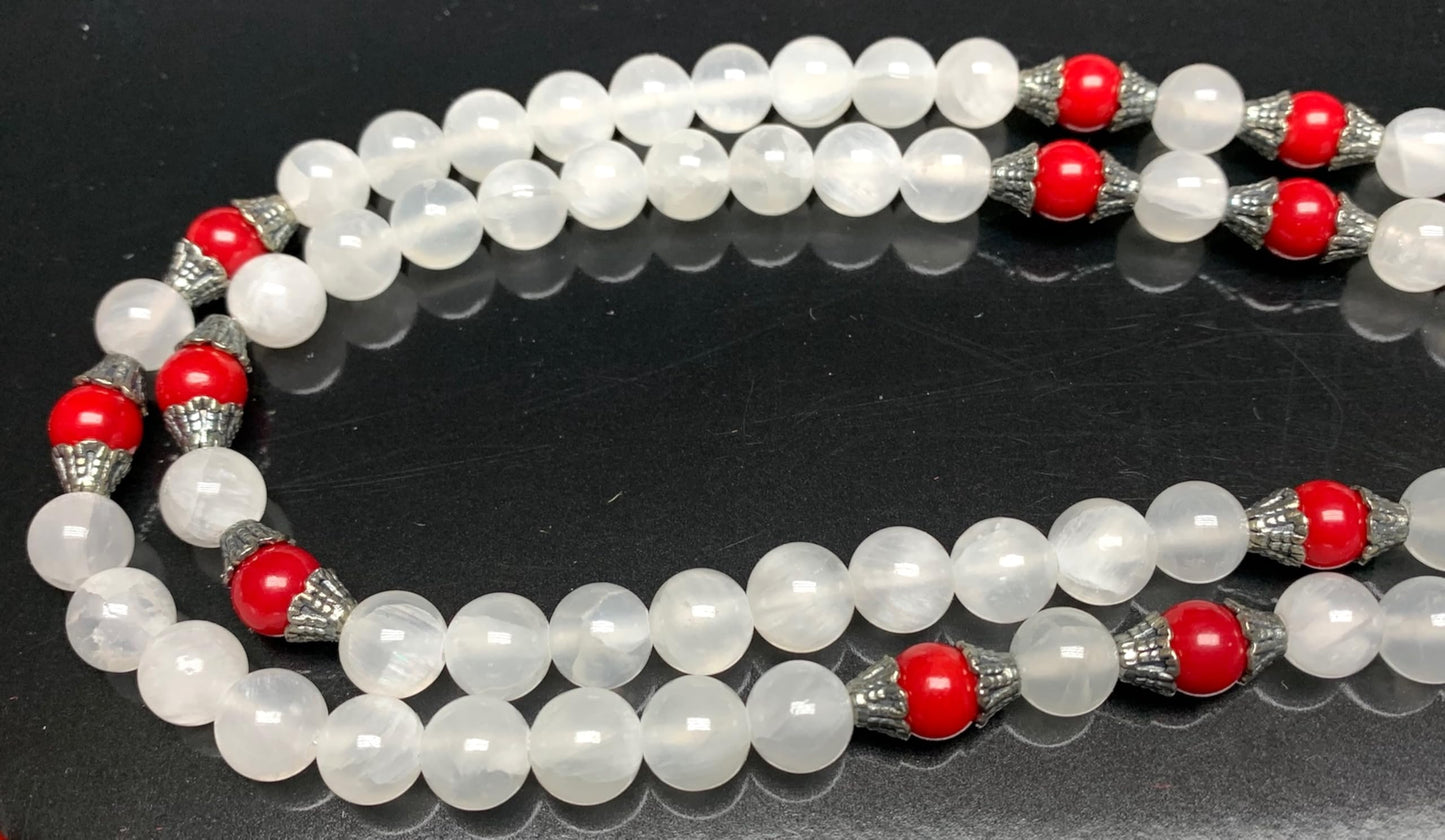 Selenite & Red Coral Mala Beads Necklace | 8mm 108 Beads | Crown & Root Chakras | Birthstones Jewelry | Ethically Sourced - Ocean Light
