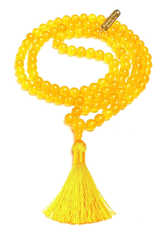 Handmade Yellow Jade Mala Necklace, 8mm 108 Beads, Approx. 36 Inches Long - April Birthstone, Taurus & Aries, Solar Plexus Chakra