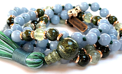 Hand-Knotted Angelite, Tourmaline, Prehnite & Green Jade Mala Beads Necklace | 8mm 108 Beads | Universal Birthstone | Heart & Throat Chakra