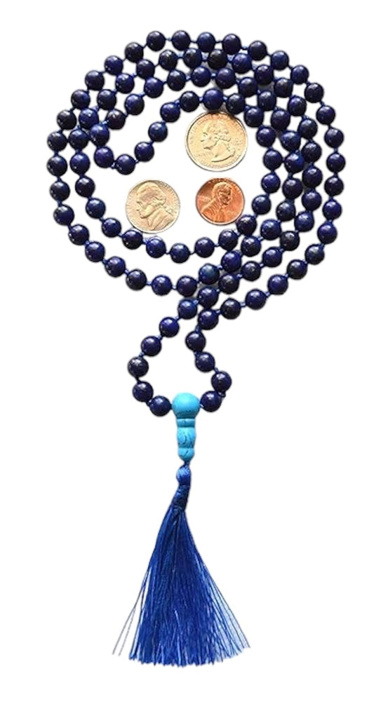 Hand Knotted Lapis Lazuli Mala Necklace - 6mm Bead Size - Birthstone Sagittarius Sun Sign - Astrological Sign Pisces - Third Eye Chakra
