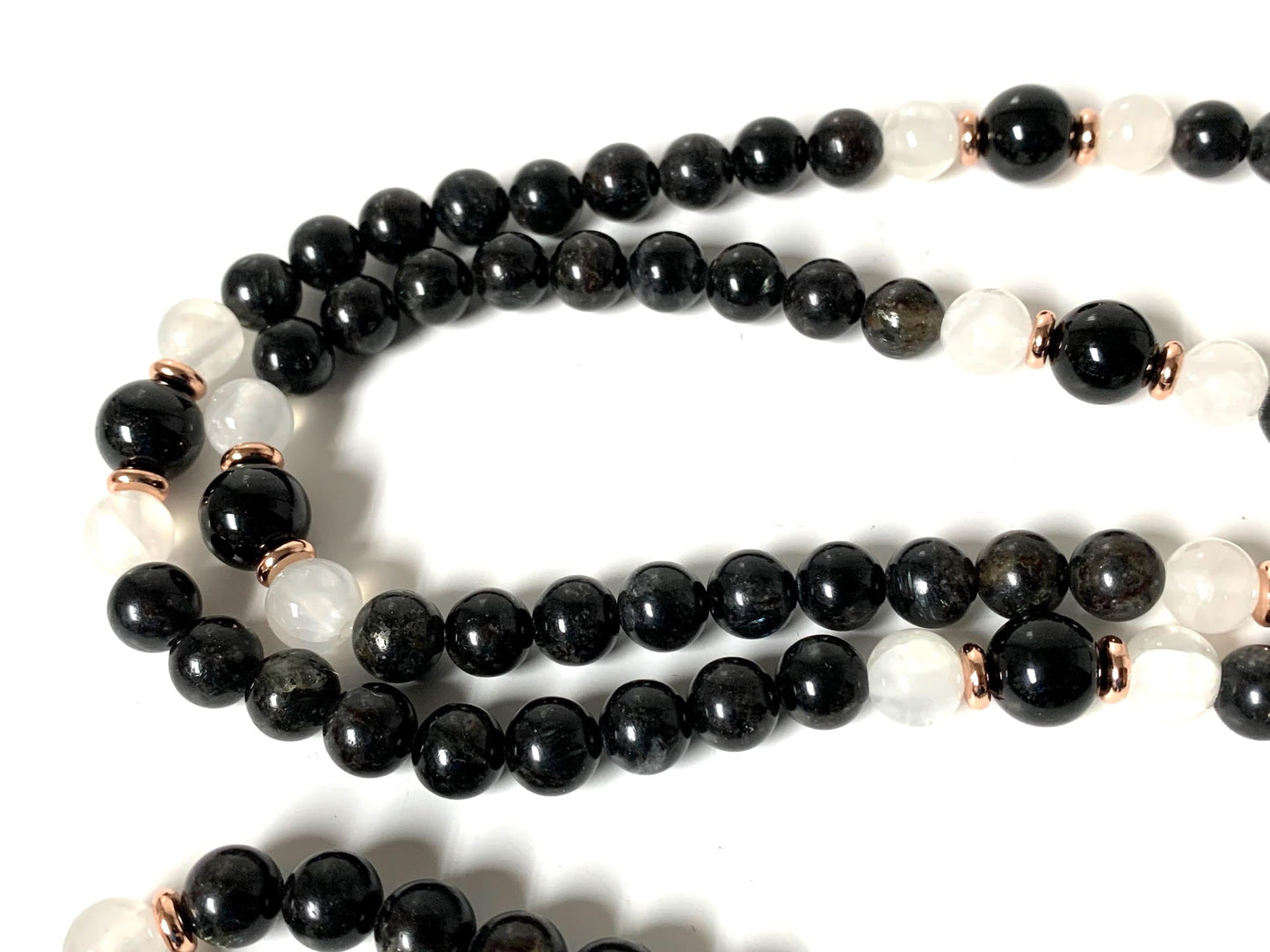 Stretchable Black Tourmaline & Selenite Mala Beads Necklace | 8mm 108 Beads | Root & Crown Chakras | Birthstone Energy | Ethically Sourced