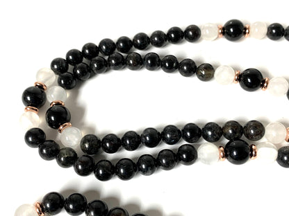 Stretchable Black Tourmaline & Selenite Mala Beads Necklace | 8mm 108 Beads | Root & Crown Chakras | Birthstone Energy | Ethically Sourced