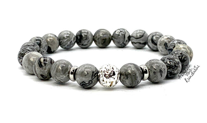 Scenic Jasper & Lava Rock Stretch Bracelet – Adjustable Size 5.5-9.5 Inches – Birthstone for Virgo & Libra - Root & Sacral Chakra