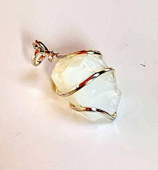 AWAKEN YOUR KUNDALINI Libra Birthstone Pendant - Raw Opal Opalite Crystal Wrapped in Zinc Alloy Wire (#UORWZP)