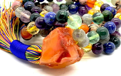 Handmade Protective Aura Mala Beads Necklace – 8mm 108 Beads | Solar Plexus, Third Eye & Heart Chakras | Universal Birthstone Energy | Ethically Sourced
