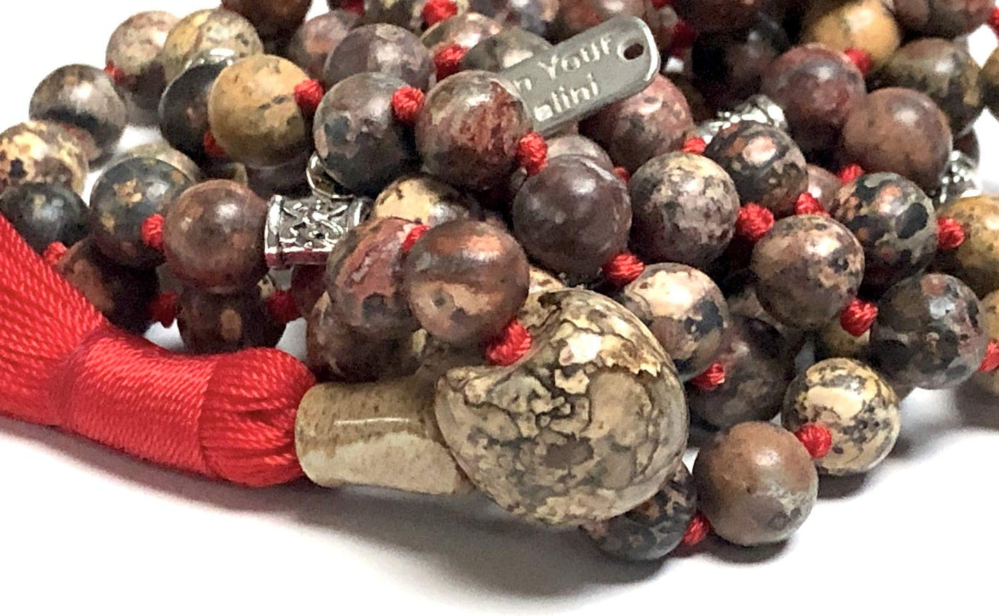 Find Strength & Stability: Hand-Knotted Leopard Skin Jasper Mala Necklace (8mm) - Virgo Birthstone & Root Chakra Balance
