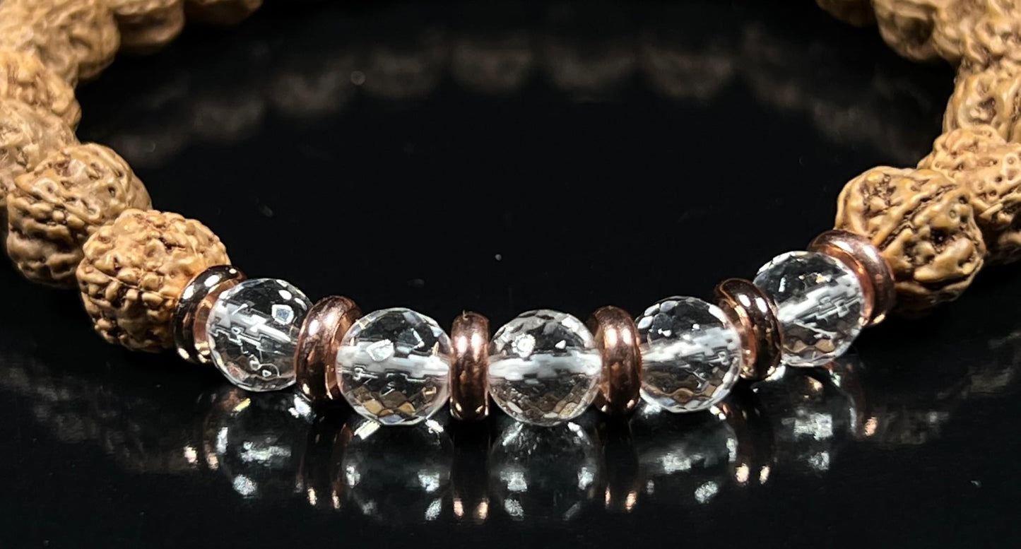 5 Mukhi Chikna Rudraksha Bracelet with Crystal Quartz | Stretch Beads for Balance & Clarity
