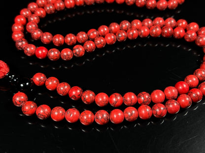 Handmade Red Howlite Mala Beads Necklace | 8mm 108 Beads | Black Onyx Guru Bead | Hand-Knotted Spiritual Jewelry | Birthstone & Root Chakra Energy