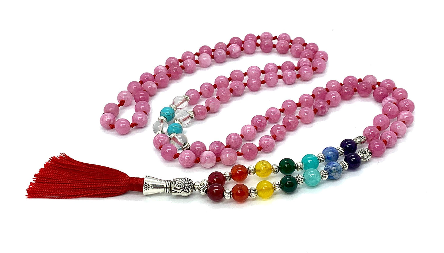 Awaken Your Kundalini Energized 7 Chakra mala Hand Knotted 108 mala beads necklaces - Japa mala - Buddhist prayer beads - Meditation beads - Healing crystals for men women (Pink Jade chakra mala)