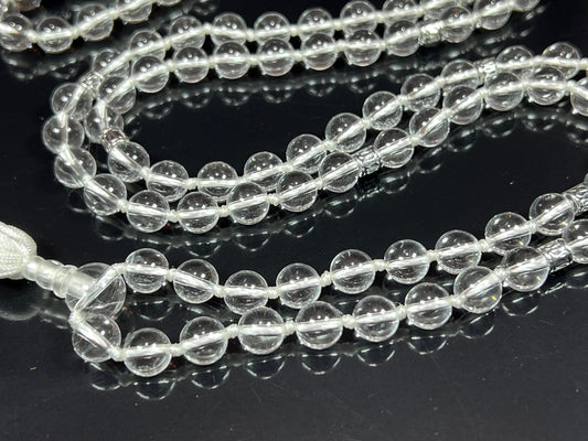 Illuminate Your Path: Hand-Knotted 8mm Clear Crystal Quartz Mala Beads Necklace - Leo Birthstone Sun Sign - Crown Chakra
