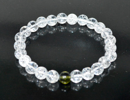 Himalayan Ice Crackled Crystal Quartz and Moldavite Stretch Bracelet – Taurus Birthstone – Universal Sun Sign – Heart Chakra, Spiritual Energy Bracelet
