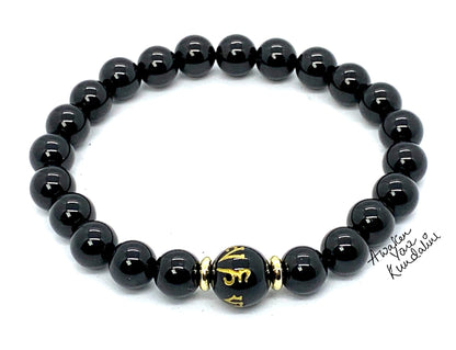 Black Obsidian Buddhist Prayer Beads Stretch Bracelet - Om Mani Padme Hum Mantra - Scorpio Zodiac Birthstone for October November - Root Chakra Association