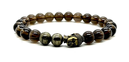 Cultivate Grounding & Transformation: Capricorn Birthstone - Smoky Quartz & Pyrite Root & Solar Plexus Chakra Mala Bracelet (8mm Beads) - Unisex - Buddha Head Spacer