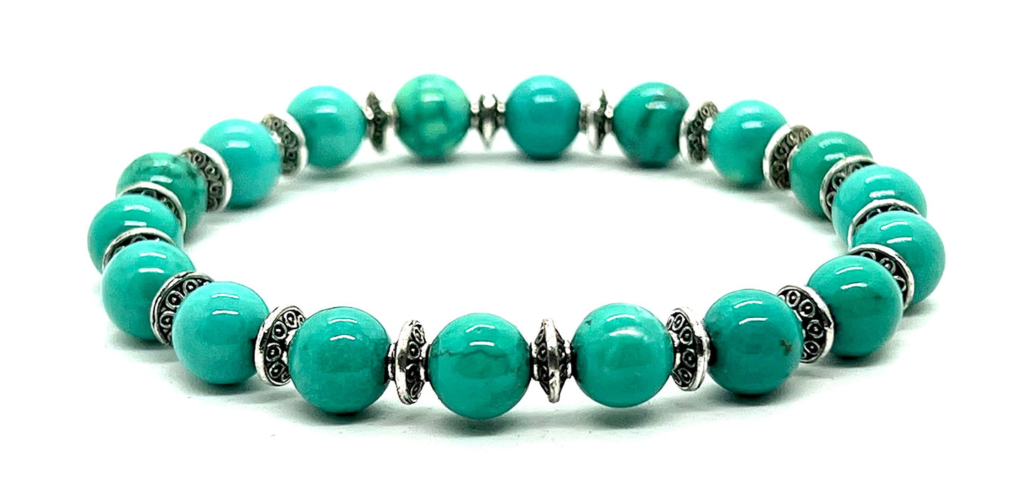 Handmade Turquoise Stretch Bracelet (8mm Beads, Silver Spacers) - Sagittarius Birthstone, Zodiac Sign, and Throat Chakra - Wrist Size Approx. 7 Inches