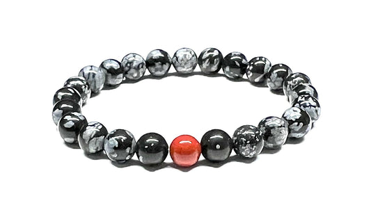Snowflake Obsidian & Red Jasper Stretch Bracelet - Aries Scorpio Sagittarius Birthstone for March October November December - Root Chakra