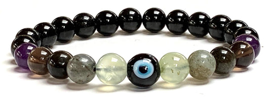 Protection Bracelet - February & October Birthstone Jewelry - Root & Third Eye Chakra - Evil Eye, Black Tourmaline, Prehnite, Labradorite Stretch Bracelet