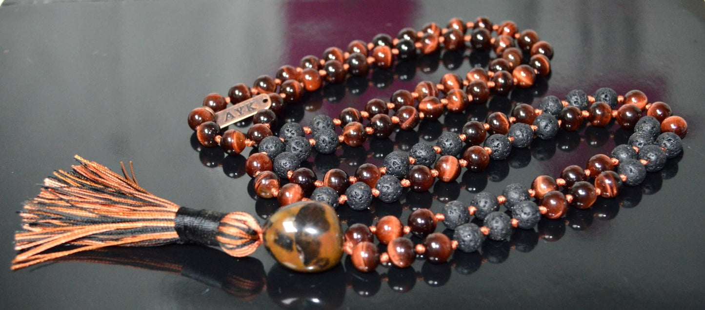 VULCAN Red Tiger’s Eye & Lava Mala Necklace | Hand Knotted 108 Beads for Courage & Grounding