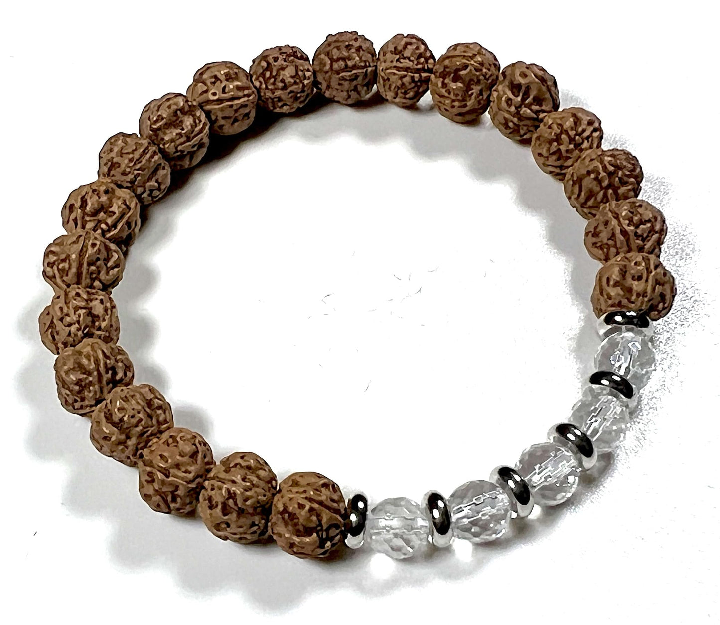 5 Mukhi Chikna Rudraksha Bracelet with Crystal Quartz | Stretch Beads for Balance & Clarity