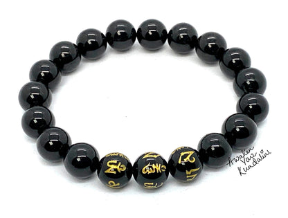 Black Obsidian Buddhist Prayer Beads Stretch Bracelet - Om Mani Padme Hum Mantra Engraved on 3 Center Beads - Scorpio Birthstone for October November - Root Chakra