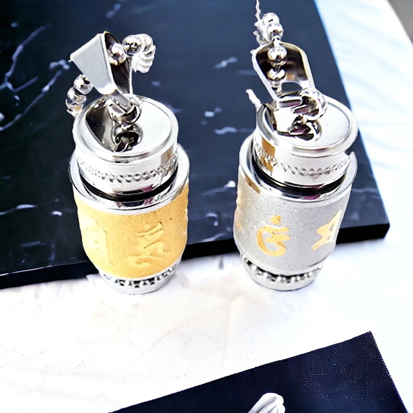 Om Mani Padme Hum Pendant | Buddhist Symbol | Stainless Steel | Pair in Golden & Silver Finish | 33.5x13mm: Hole 9x5mm