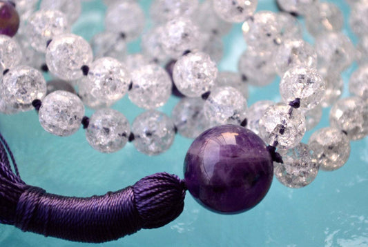 Crackled Quartz & Amethyst Mala Necklace | 108 Beads | Crown Chakra | PRABHA Collection