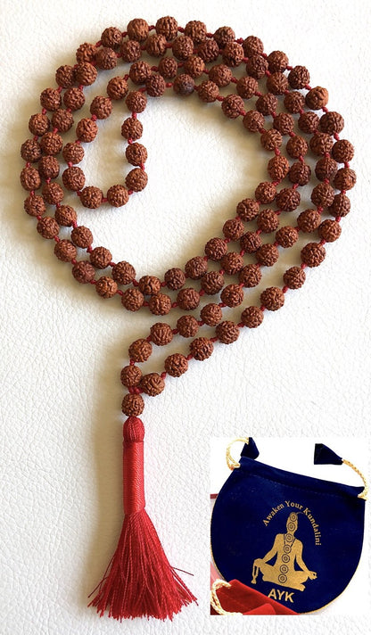 Rudraksha mala Beads necklace Rudraksh Japa 5 Mukhi ( 5 Face ) Hand Knotted Prayer Beads Sizes 6mm 8mm 10mm 12mm Energized Chakra mala w/ Pouch (6MM KNOTTED FULL MALA (108+1) BEADS)