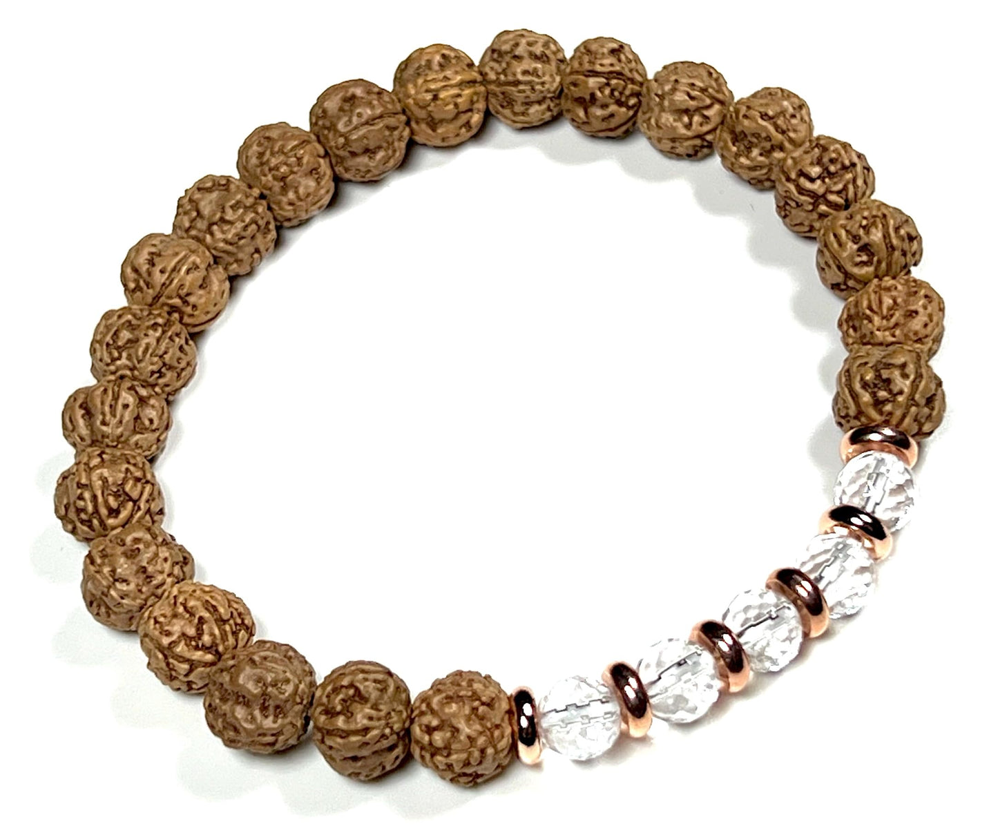 5 Mukhi Chikna Rudraksha Bracelet with Crystal Quartz | Stretch Beads for Balance & Clarity