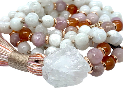 Lunessa Mala Necklace – Hand Knotted Moonstone, Kunzite & Carnelian with Raw Quartz Guru | 8mm 108 Beads | Crown-to-Sacral Chakra Alignment | June & July Birthstones | Ethically Sourced